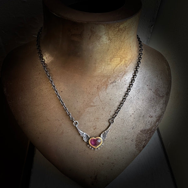 flying heart necklace in 14k gold and pink tourmaline