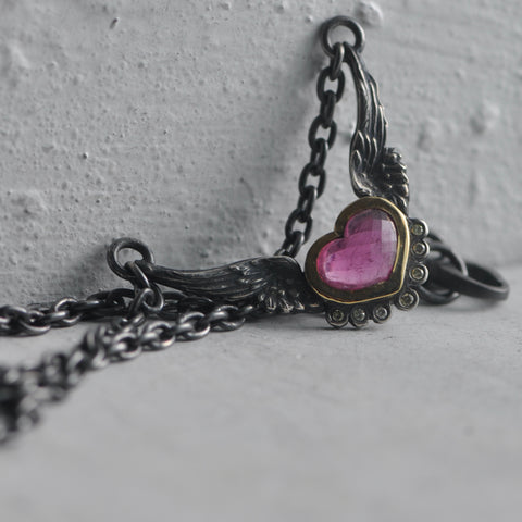 flying heart necklace in 14k gold and pink tourmaline